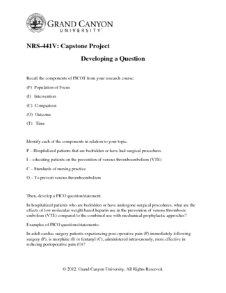 NRS- 441V Developing a Question for theCapstone Project