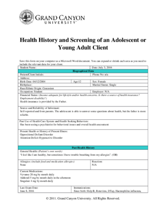Adolescent Health Screen 2