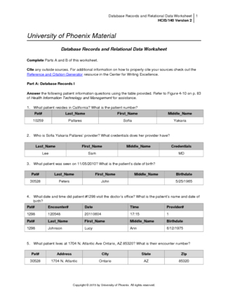 hcis140r2 Database Records and Relational Data Worksheet wk1 Patty Sinsel