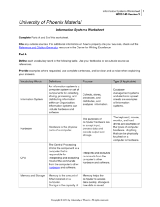 Information Systems Worksheet