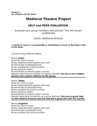 Peer and Self evaluation   Medieval Theatre Groups