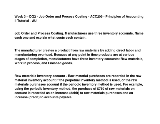 ACC 206 Week 3 DQ 2 Job Order and Process Costing
