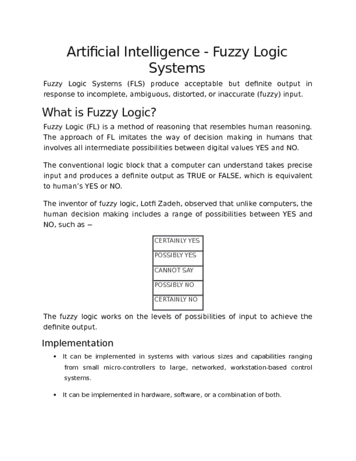 Artificial Intelligence   Fuzzy Logic Systems