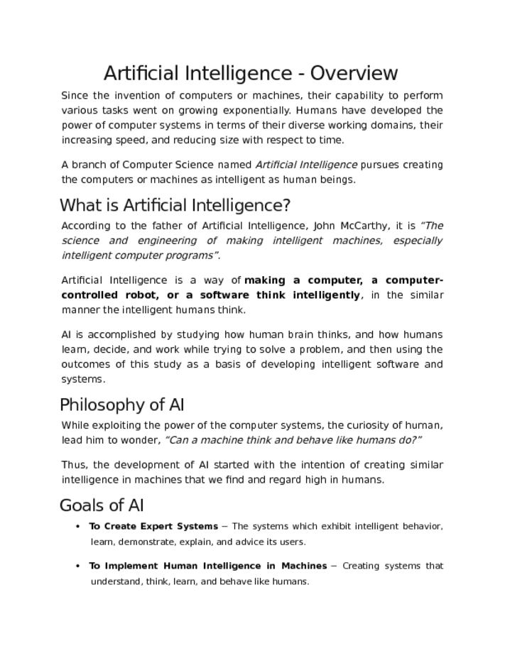 Artificial Intelligence   Overview