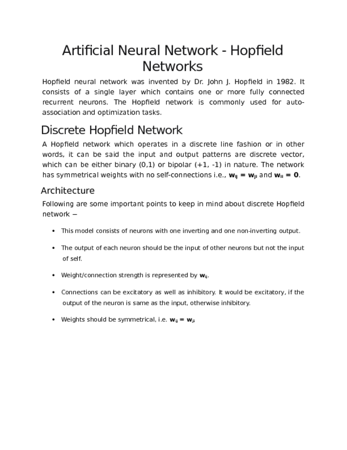 Artificial Neural Network   Hopfield Networks