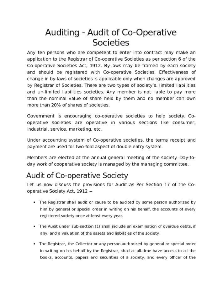 Auditing   Audit of Co Operative Societies
