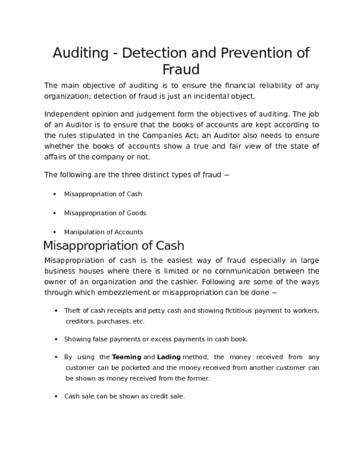 Auditing   Detection and Prevention of Fraud
