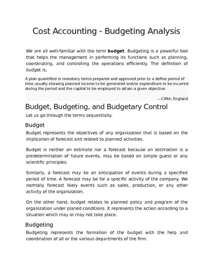Cost Accounting   Budgeting Analysis