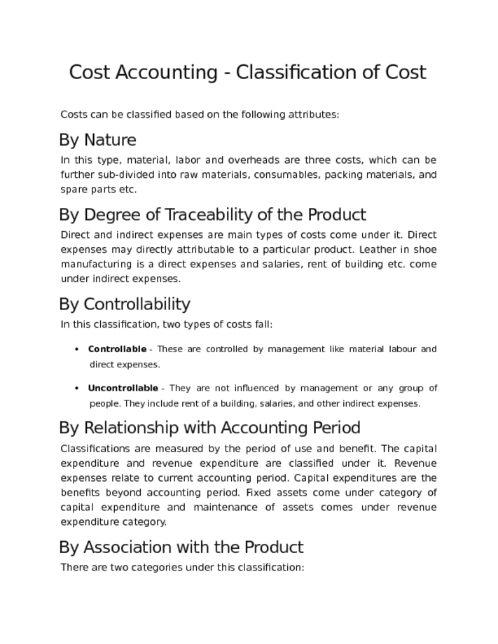 Cost Accounting   Classification of Cost