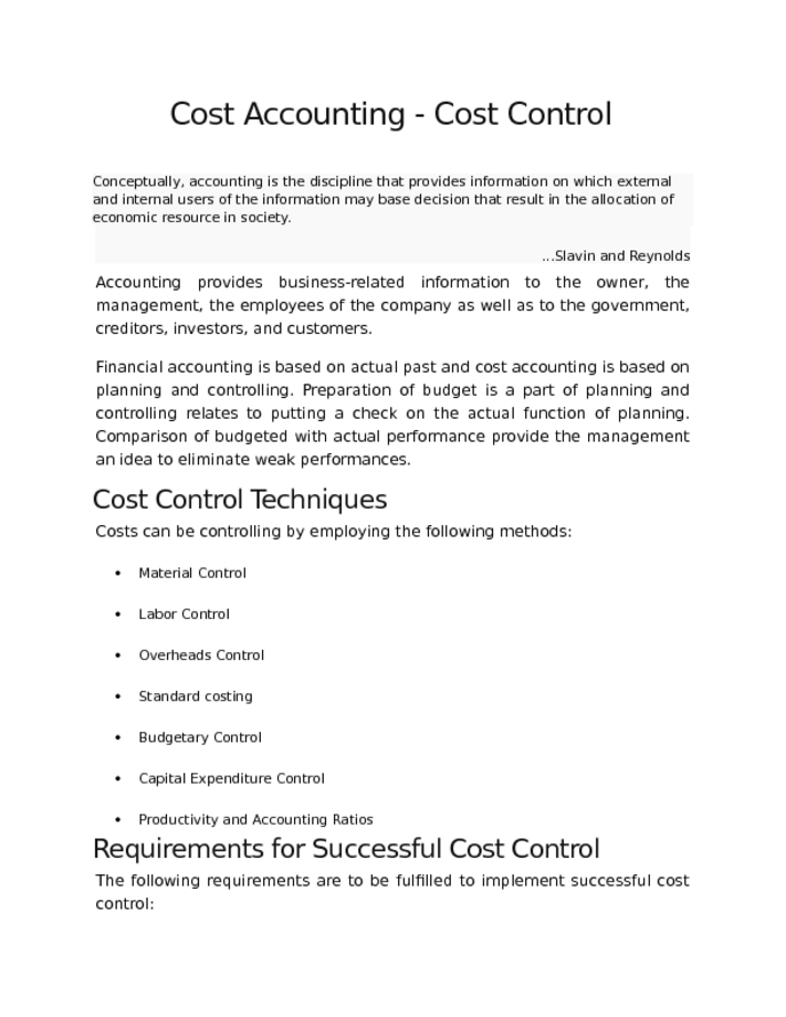 Cost Accounting   Cost Control