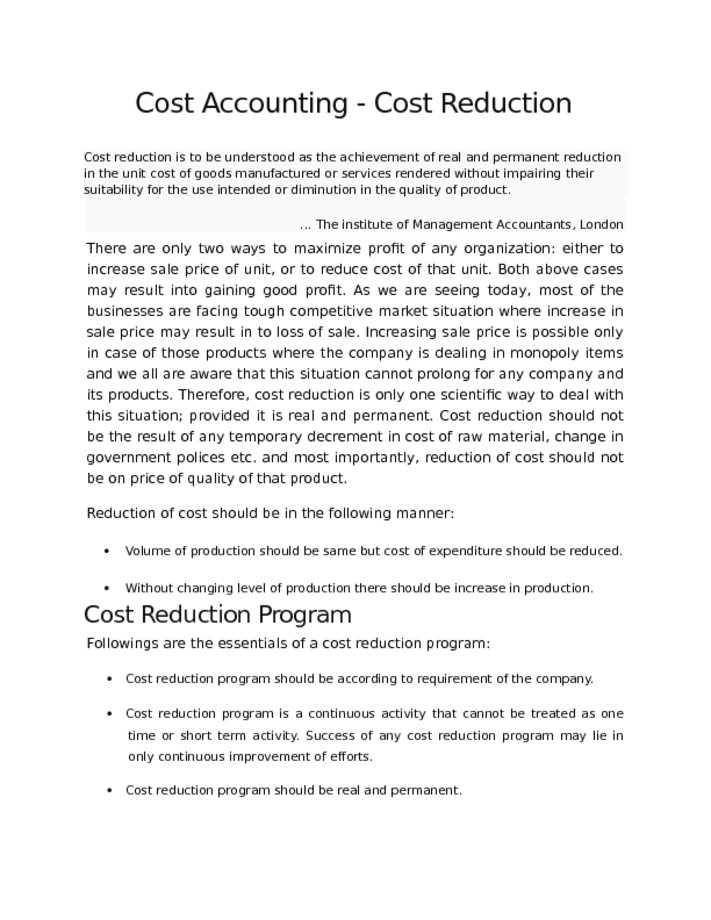Cost Accounting   Cost Reduction