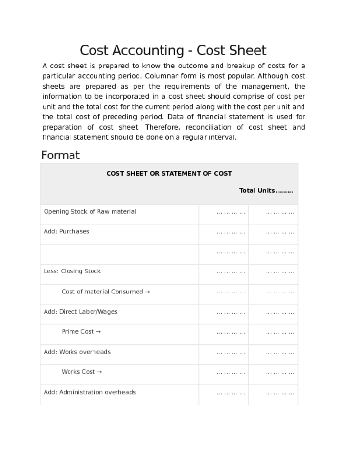 Cost Accounting   Cost Sheet