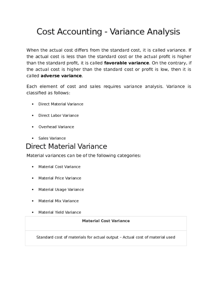 Cost Accounting   Variance Analysis