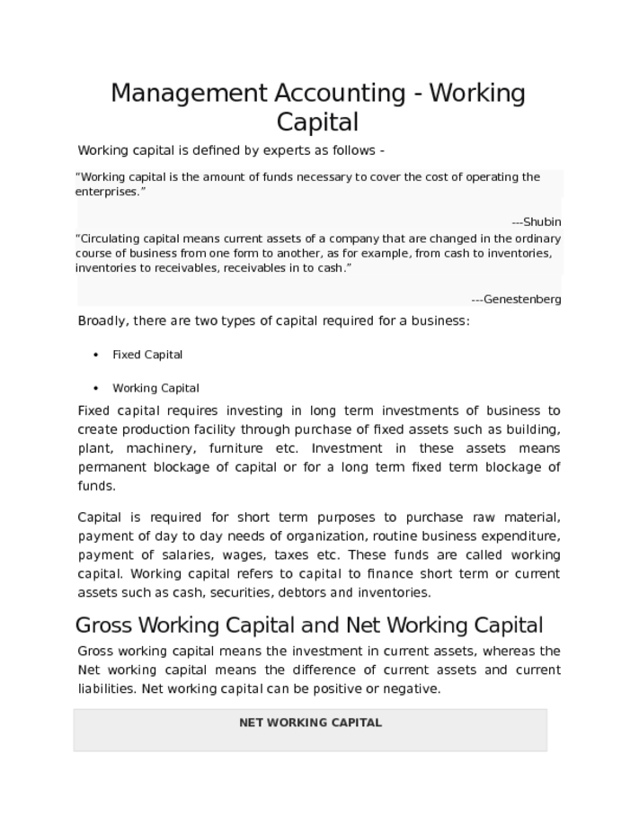 Management Accounting   Working Capital