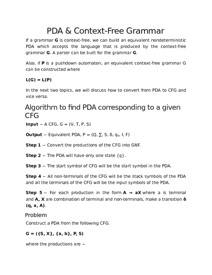 PDA & Context Free Grammar