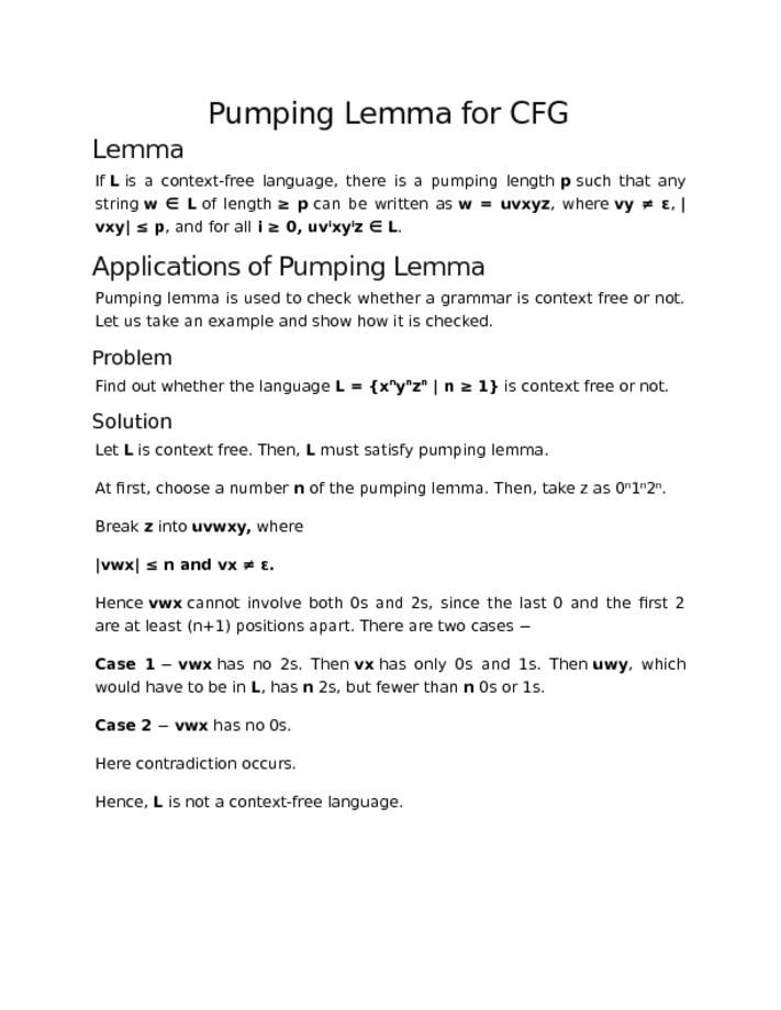 Pumping Lemma for CFG
