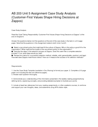 AB 203 Unit 5 Assignment Case Study Analysis (Customer First Values...
