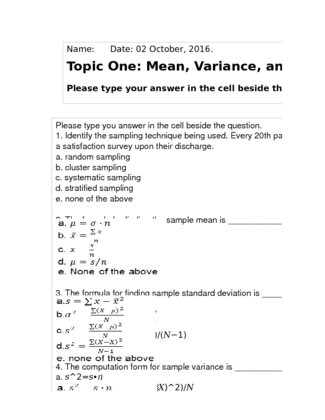 Mean, Variance, and Standard Deviation