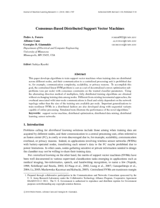 Consensus Based Distributed Support Vector Machines