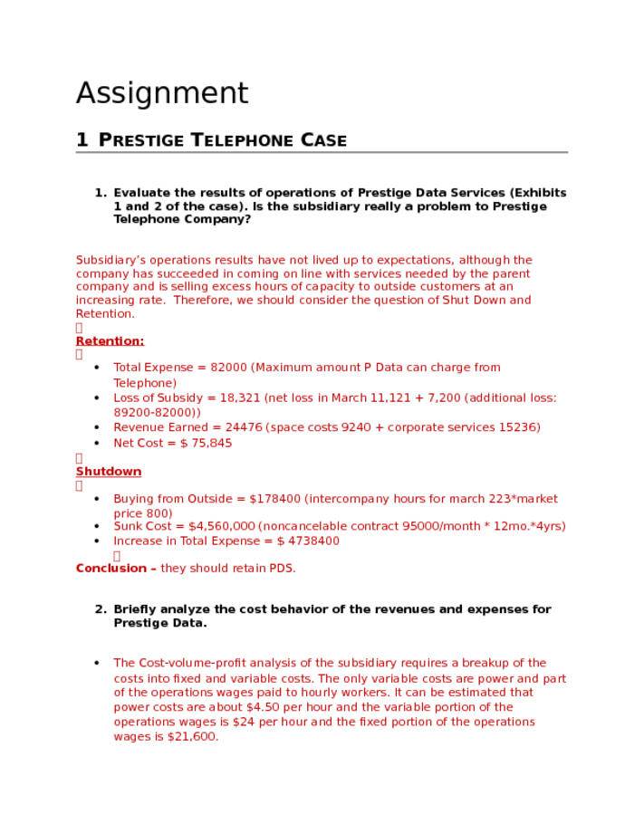 Prestige Telephone Question Assignment Solutions