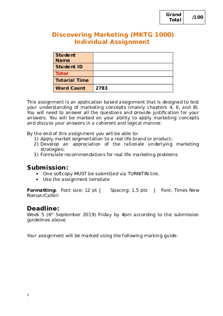 MKTG1000 Individual Assignment (OFFSHORE)