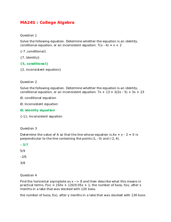 Ashworth Semester Exam MA24S  College Algebra