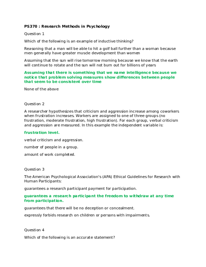 Ashworth Semester Exam PS370  Research Methods in Psychology