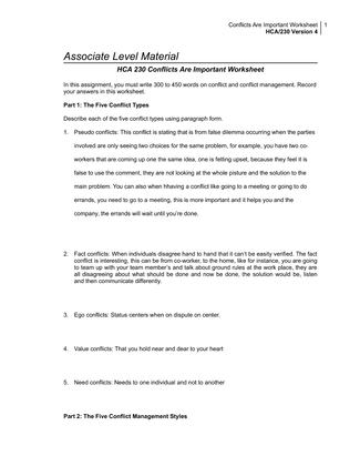 HCA 230 Conflicts Are Important Worksheet