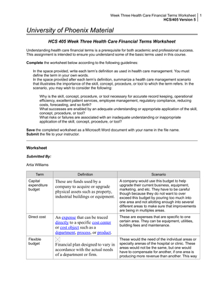 HCS 405 Week Three Health Care Financial Terms Worksheet