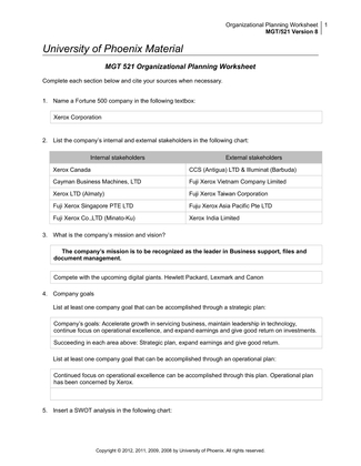 MGT 521 Organizational Planning Worksheet
