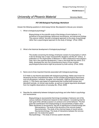 PSY 340 Biological Psychology Worksheet