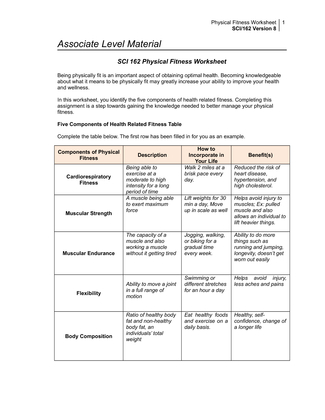 SCI 162 Physical Fitness Worksheet