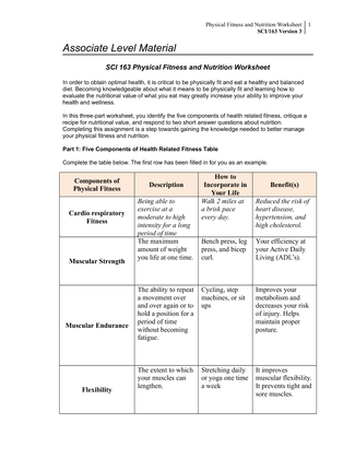 SCI 163 Physical Fitness and Nutrition Worksheet