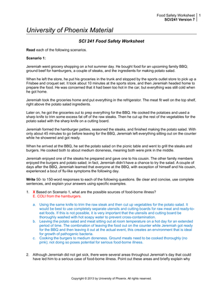 SCI 241 Food Safety Worksheet