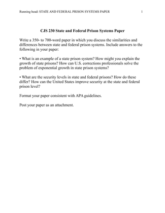 CJS 230 State and Federal Prison Systems Paper