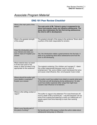 ENG 101 Peer Review Checklist