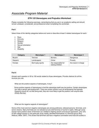 ETH 125 Stereotypes and Prejudice Worksheet UOP