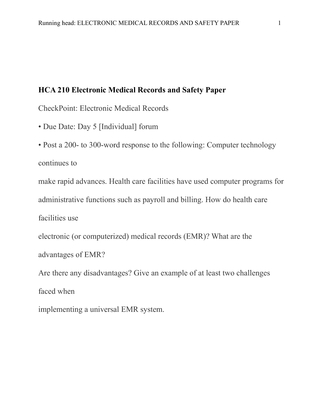 HCA 210 Electronic Medical Records and Safety Paper