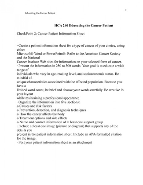 HCA 240 Educating the Cancer Patient
