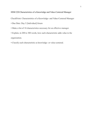 HSM 220 Characteristics of a Knowledge and Value Centered Manager