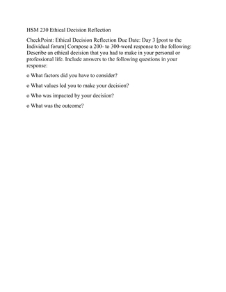 HSM 230 Ethical Decision Reflection