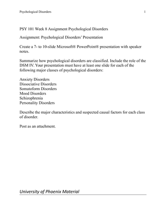 PSY 101 Week 8 Assignment Psychological Disorders