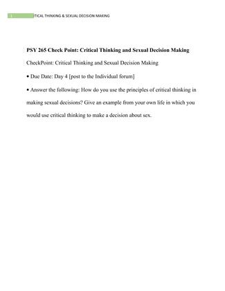 PSY 265 Check Point Critical Thinking and Sexual Decision Making