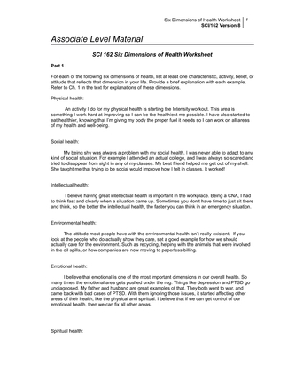 SCI 162 Six Dimensions of Health Worksheet