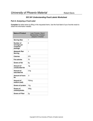 SCI 241 Understanding Food Labels Worksheet