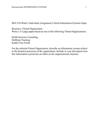 BSA 310 Week 2 Individual Assignment Critical Information Systems Paper