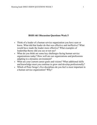 BSHS 461 Discussion Questions Week 5