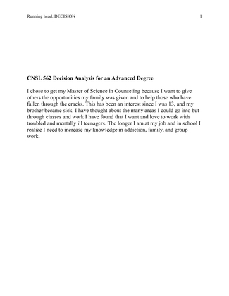 CNSL 562 Decision Analysis for an Advanced Degree