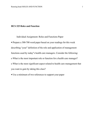 HCS 325 Roles and Function