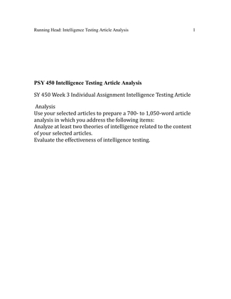 PSY 450 Intelligence Testing Article Analysis